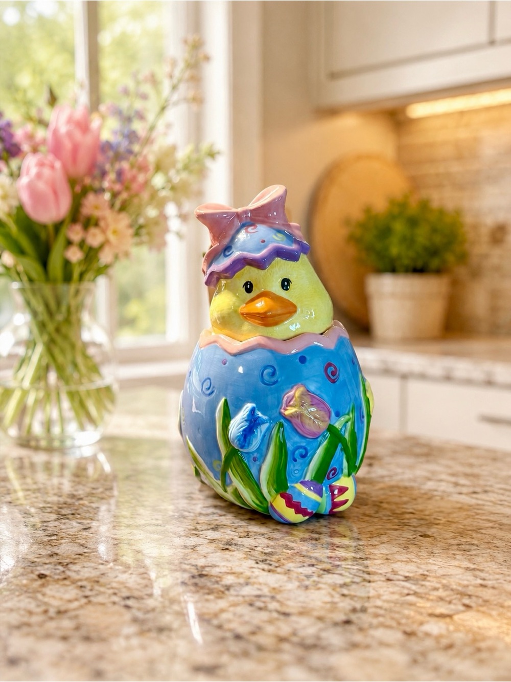 VTG ~David's Cookies Hand-Painted Chick Cookie Jar - Pastel Yellow, Blue & Green